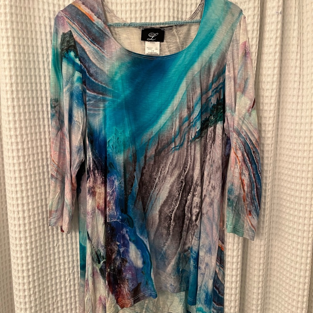 Libra Aqua, Turquoise, White and Blue Top, 3/4 Sleeves, Large
